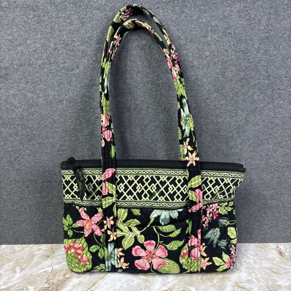 VERA BRADLEY Botanica Shoulder Bag Tote Black Pink Green Floral Quilted Handbag